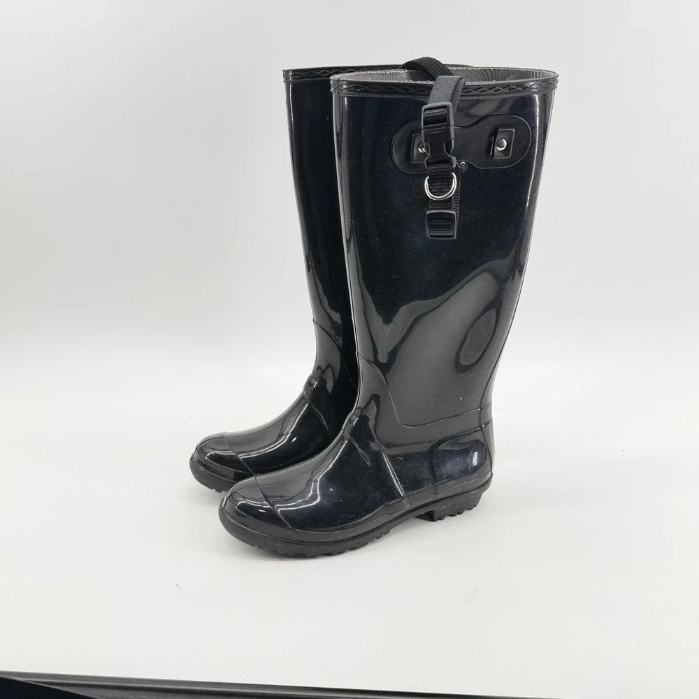 Itasca Womens Black Glossy Waterproof Rubber Rain Boots Size 9 Tall Utility